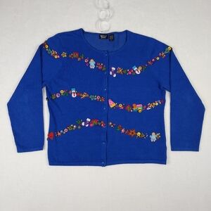 Marissa Studio Christmas Holiday Theme Blue Cardigan Sweater Ramie Blend Sz XL
